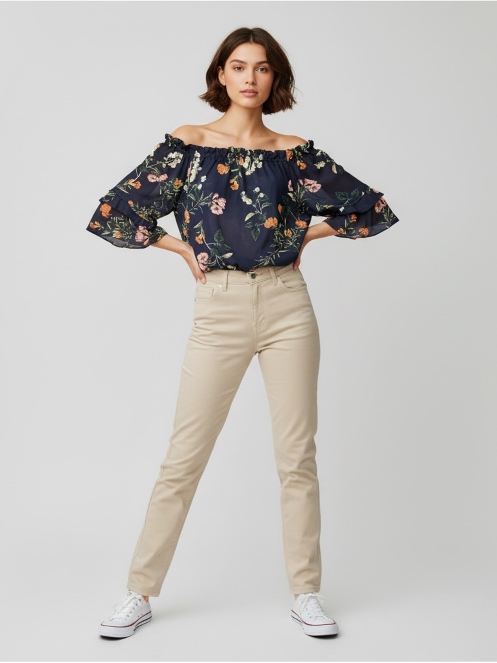 Navy Blue Floral Off-Shoulder Blouse